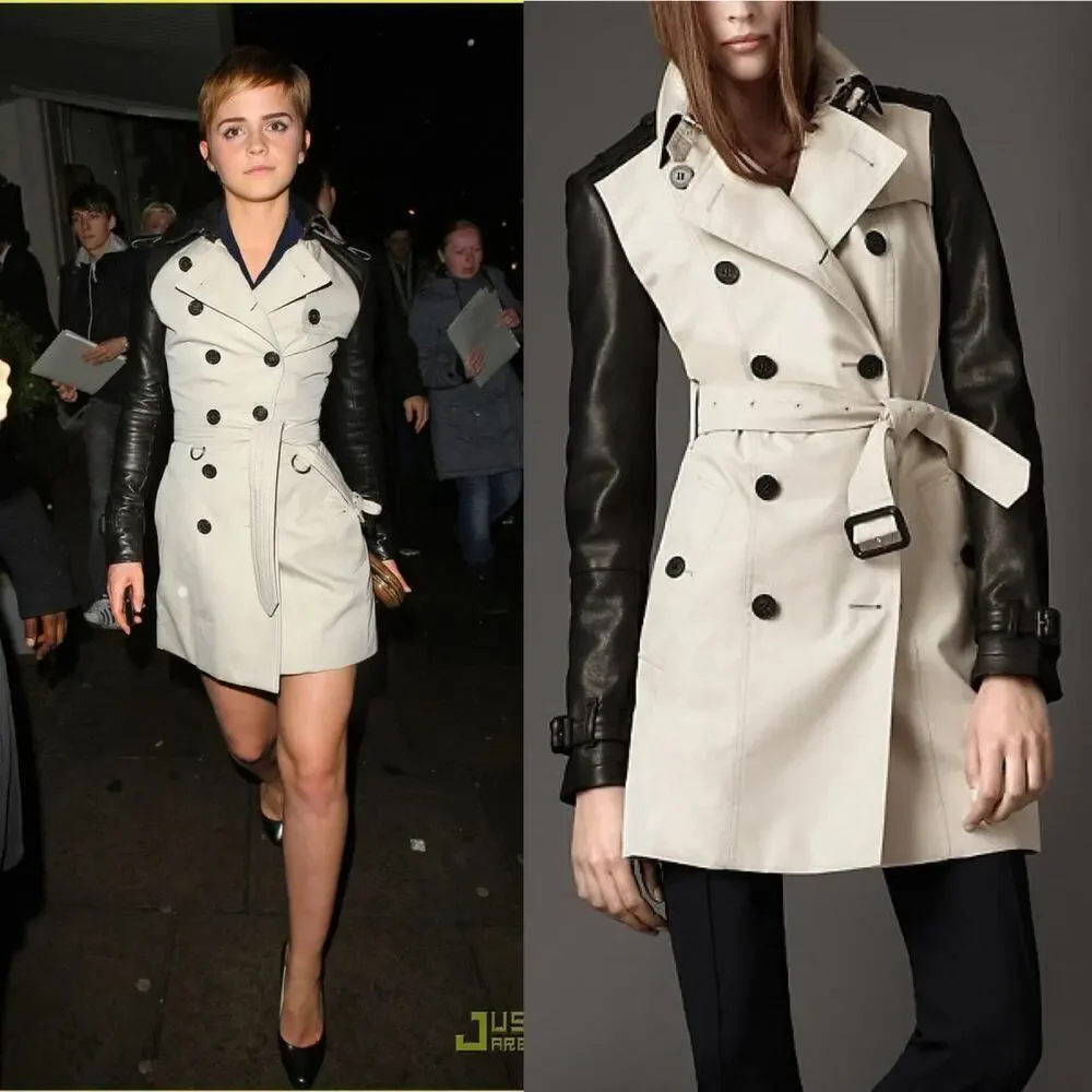 Burberry Patent Leather Sleeve Gabardine Trench Coat Black Tan US 4 - Picture 12 of 12